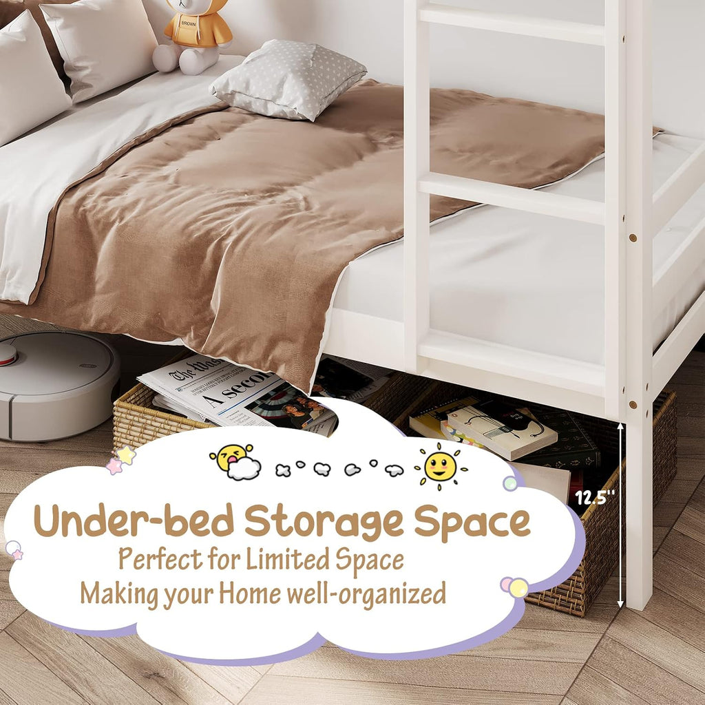 KOMFOTT Wood Bunk Bed Twin Over Twin, Bunk Bed with Ladder & Safety Guardrail, Solid Wood Bed Frame, Ideal for Dormitory & Multiple-Child Family, No Box Spring Needed, Kids Bed Frame
