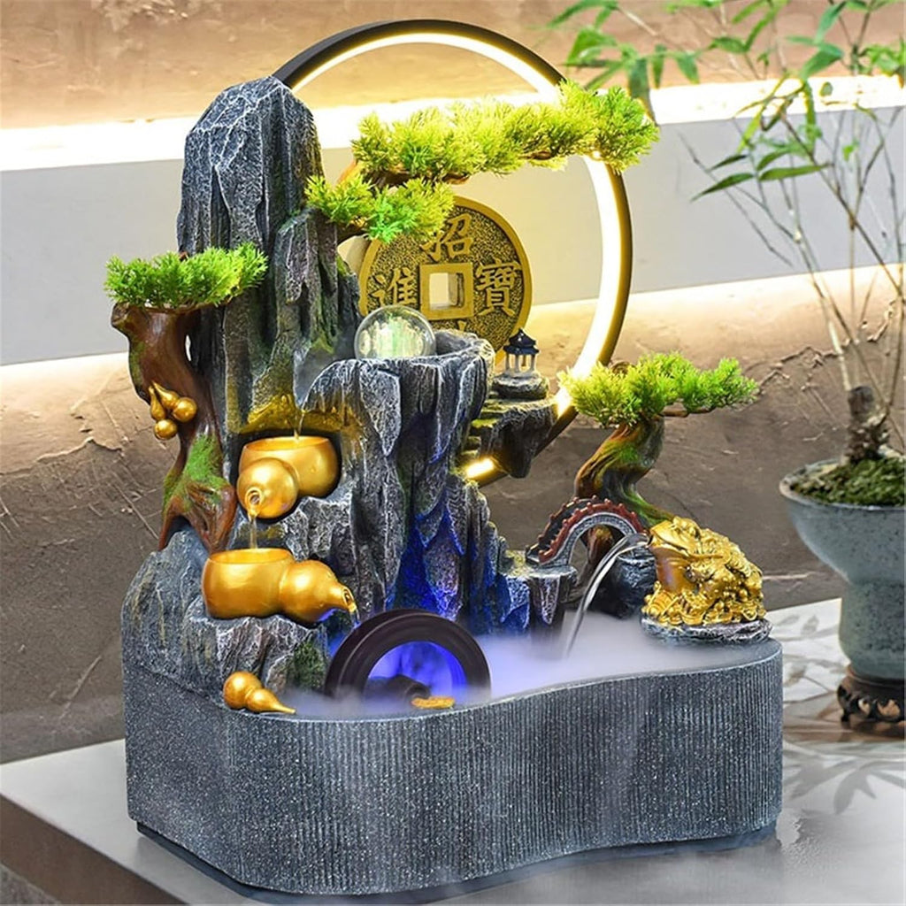 Tabletop Fountain Indoor Water Features Rockery Waterfall Plants Desktop Fountain for Relaxation(Large)