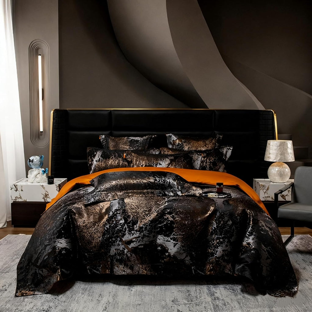 100% Long Staple Cotton Luxury 6-Piece Set, Elegant Black and Gold Satin Bedding Set, 3D Embroidered Jacquard, Quilt Cover，Sheet+2 Pillowcases and 2 Cushion Covers (Golden Years,Full)