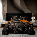 100% Long Staple Cotton Luxury 6-Piece Set, Elegant Black and Gold Satin Bedding Set, 3D Embroidered Jacquard, Quilt Cover，Sheet+2 Pillowcases and 2 Cushion Covers (Golden Years,Full)