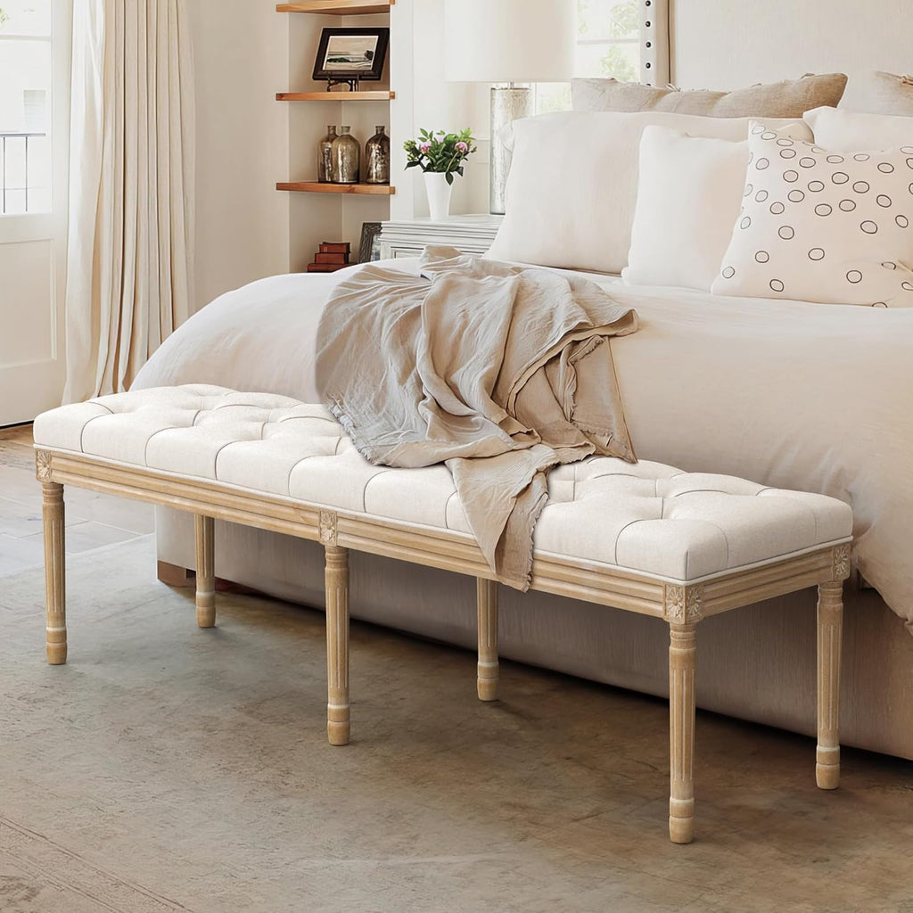 LUE BONA 60' Fabric End of Bed Bench, Upholstered Tufted French Bedroom Bench with Carved Legs for Bedroom End of King Size Bed, Living Room, Beige