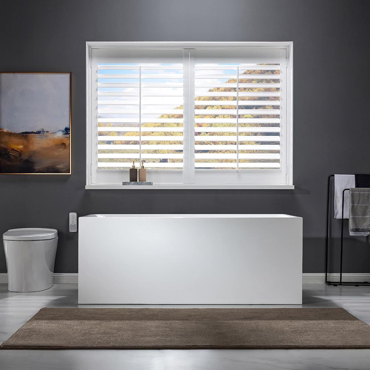 WOODBRIDGE 59' Acrylic Freestanding Bathtub Contemporary Soaking White Tub with Matte Black Overflow and Drain，BTA0081-MB-Drain&O