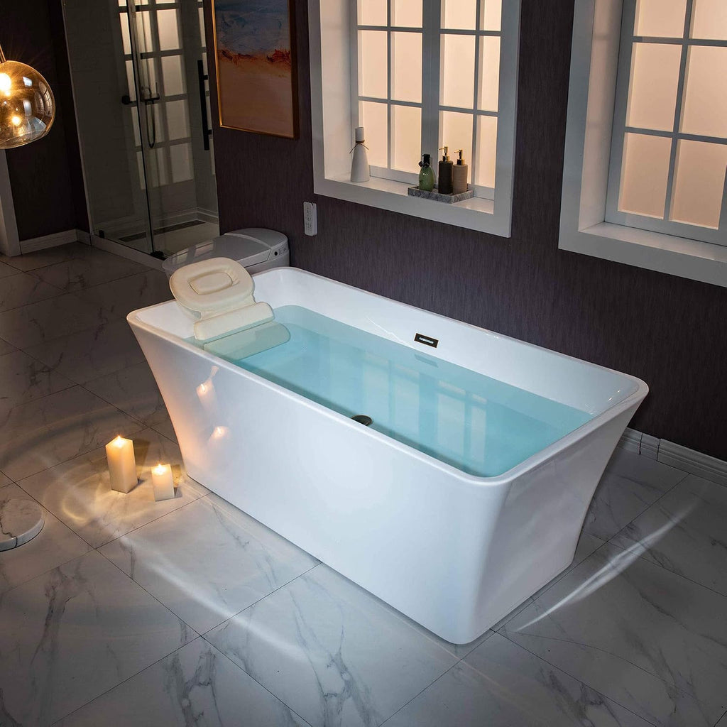 WOODBRIDGE 59' Acrylic Freestanding Bathtub Contemporary Soaking White Tub with Oil Rubbed Bronze Overflow and Drain，BTA1509 -ORB-Drain &O