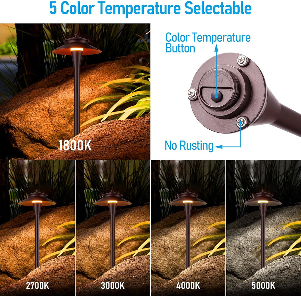 LEONLITE 5CCT Low Voltage Pathway Lights, LED Landscape Path Lights, 1800/2700/3000/4000/5000K, Double Layer Head, 12-24V AC/DC, IP65 Outdoor Walkway Light, Oil Rubbed Bronze Aluminum, Pack of 6