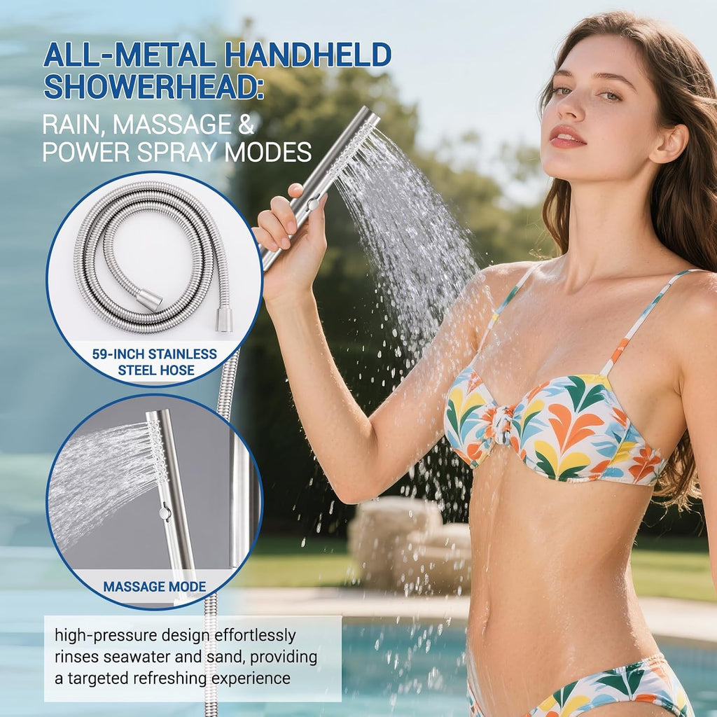 Freestanding Outdoor Shower Faucet Set, Outdoor Shower Kit with 3-Function Handheld Shower and Rain Shower, Stainless-Steel Outdoor Shower System for Patio, Pool, Garden - Brushed Nickel