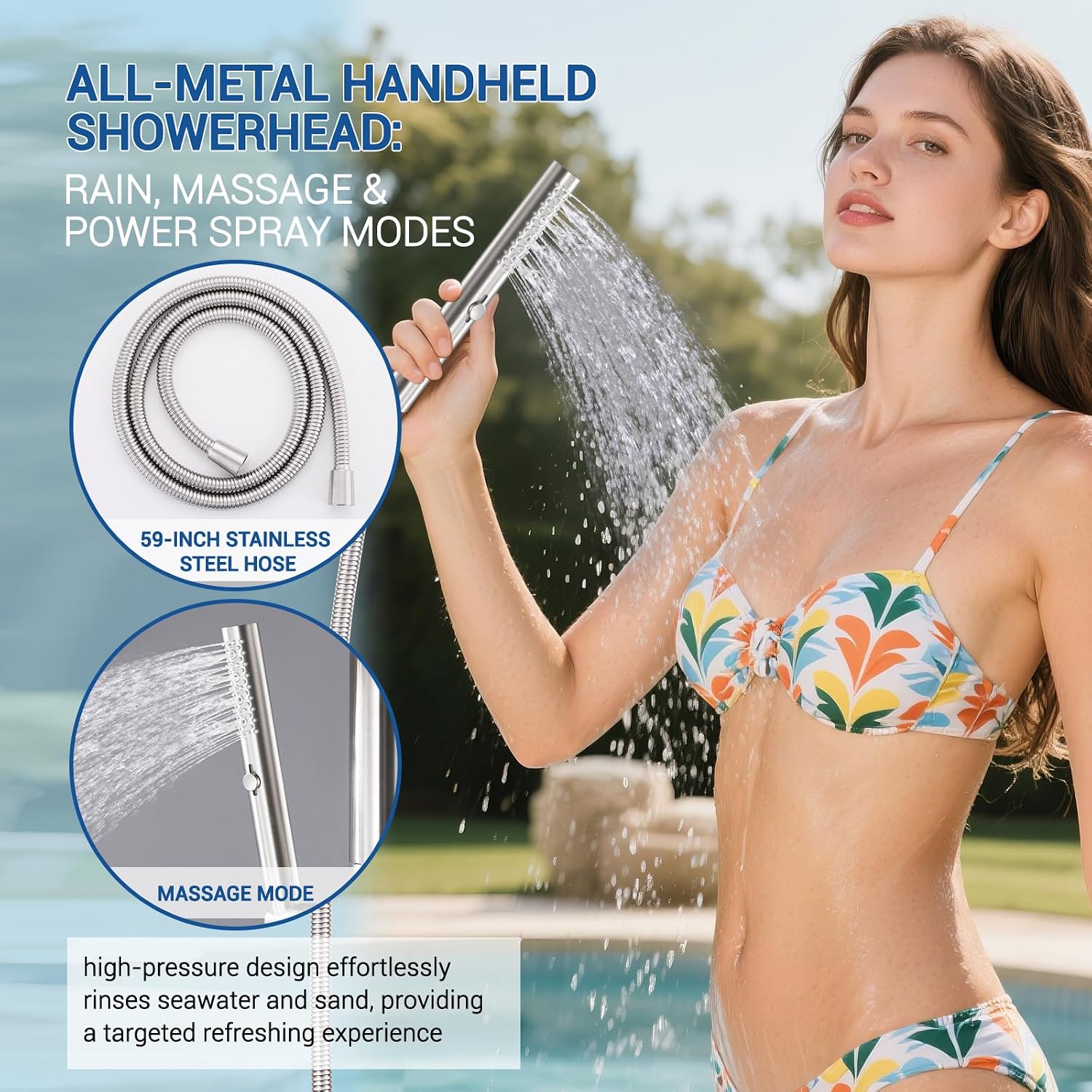 Freestanding Outdoor Shower Faucet Set, Outdoor Shower Kit with 3-Function Handheld Shower and Rain Shower, Stainless-Steel Outdoor Shower System for Patio, Pool, Garden - Brushed Nickel