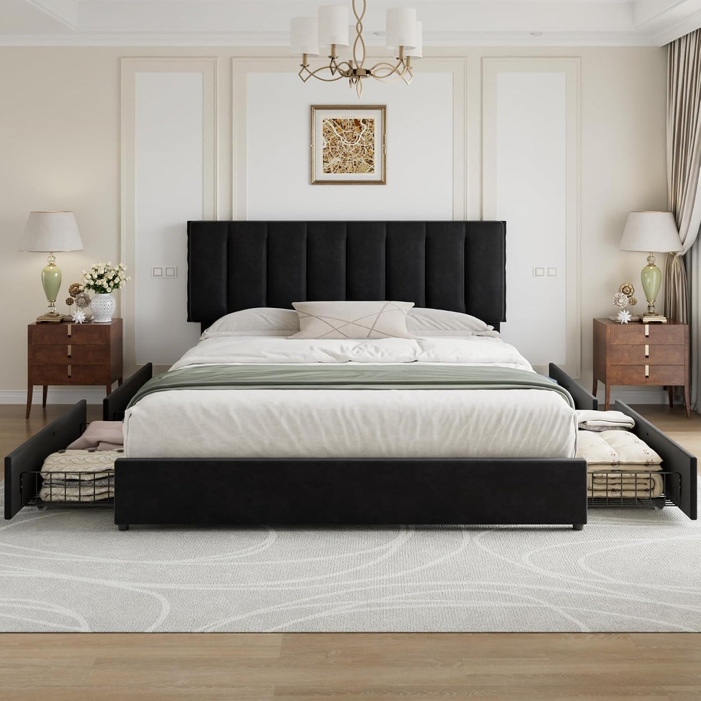VECELO King Size Bed Frame with 4 Storage Drawers, Adjustable Height Headboard, Heavy-Duty Bedframe with Strong Wooden Slats, No Box Spring Needed, Black