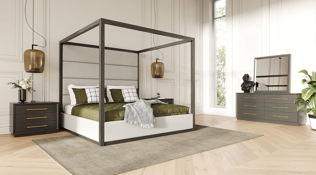 Limari Home Rochester Collection Contemporary Solid Wood and MDF 2 Nighstands, Dresser, Mirror & Polyester Fabric Upholstered Bed 5-Piece Bedroom Set, Eastern King, Grey, Off White, Gold