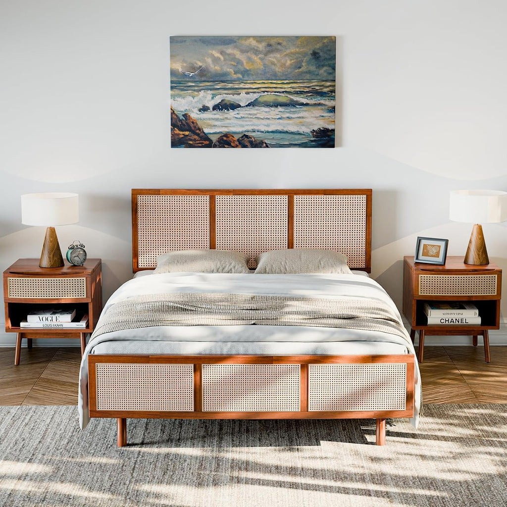Bme Nancy Signature Bed Frame, Queen Bed Frame and Headboard Unique Geometric, Mid Century Modern, Solid Acacia Wood, No Box Spring Needed, 12 Strong Wood Slats Support, Easy Assembly, Dark Chocolate