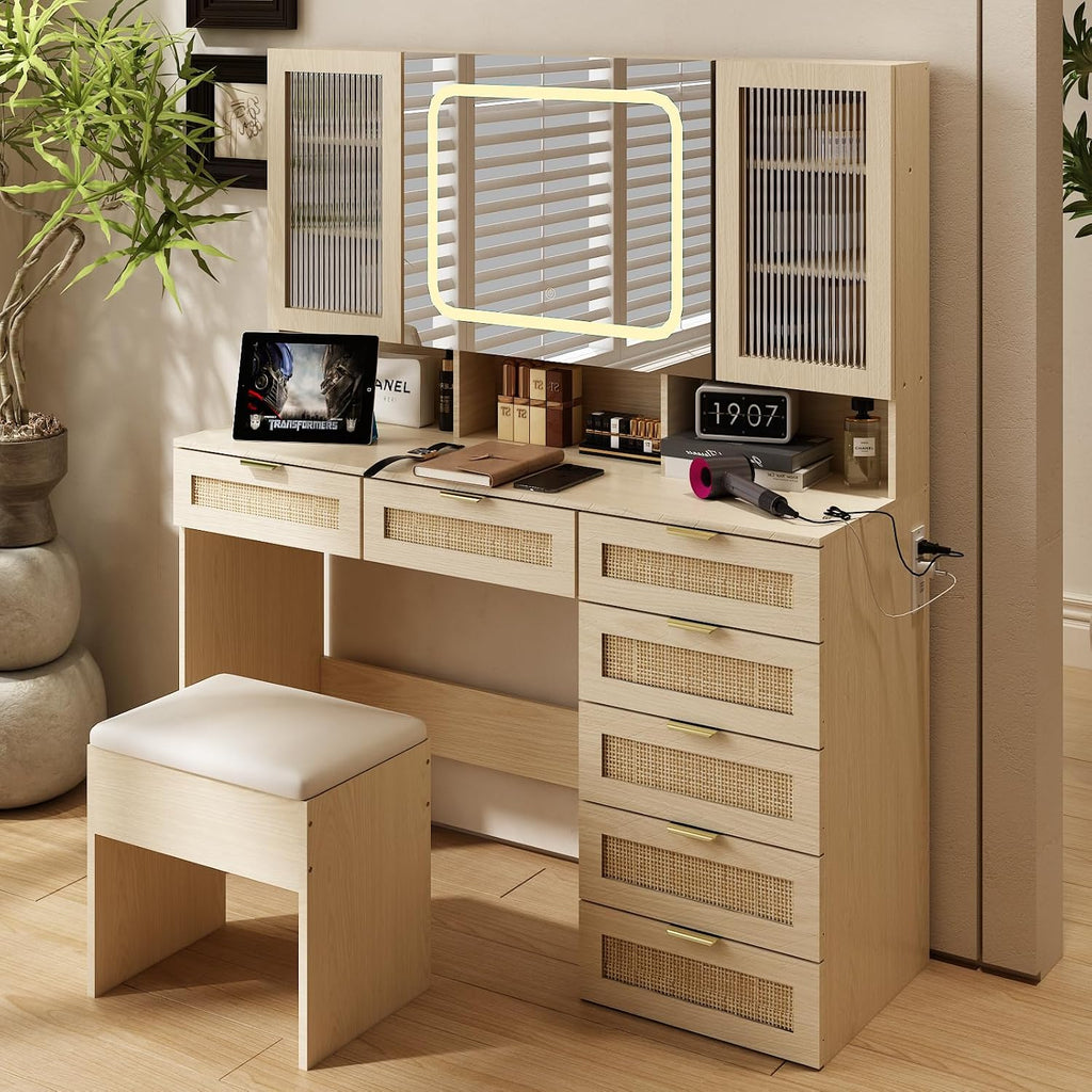VINGLI Vanity Desk with LED Lighted Mirror & Padded Bench, Makeup Set with 7 Drawers & 2 Clear Glass Cabinets & 1 Hidden Mirror Cabinet & 3 Storeroom & Charging Station for Bedroom, Natural