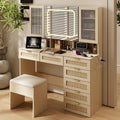 VINGLI Vanity Desk with LED Lighted Mirror & Padded Bench, Makeup Set with 7 Drawers & 2 Clear Glass Cabinets & 1 Hidden Mirror Cabinet & 3 Storeroom & Charging Station for Bedroom, Natural