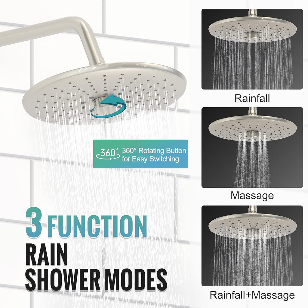 SR SUN RISE 10 Inch Rain Shower System and 3-Function Shower Faucet Set, Wall Mounted Shower System with Rough in Valve and Trims, Brushed Nickel