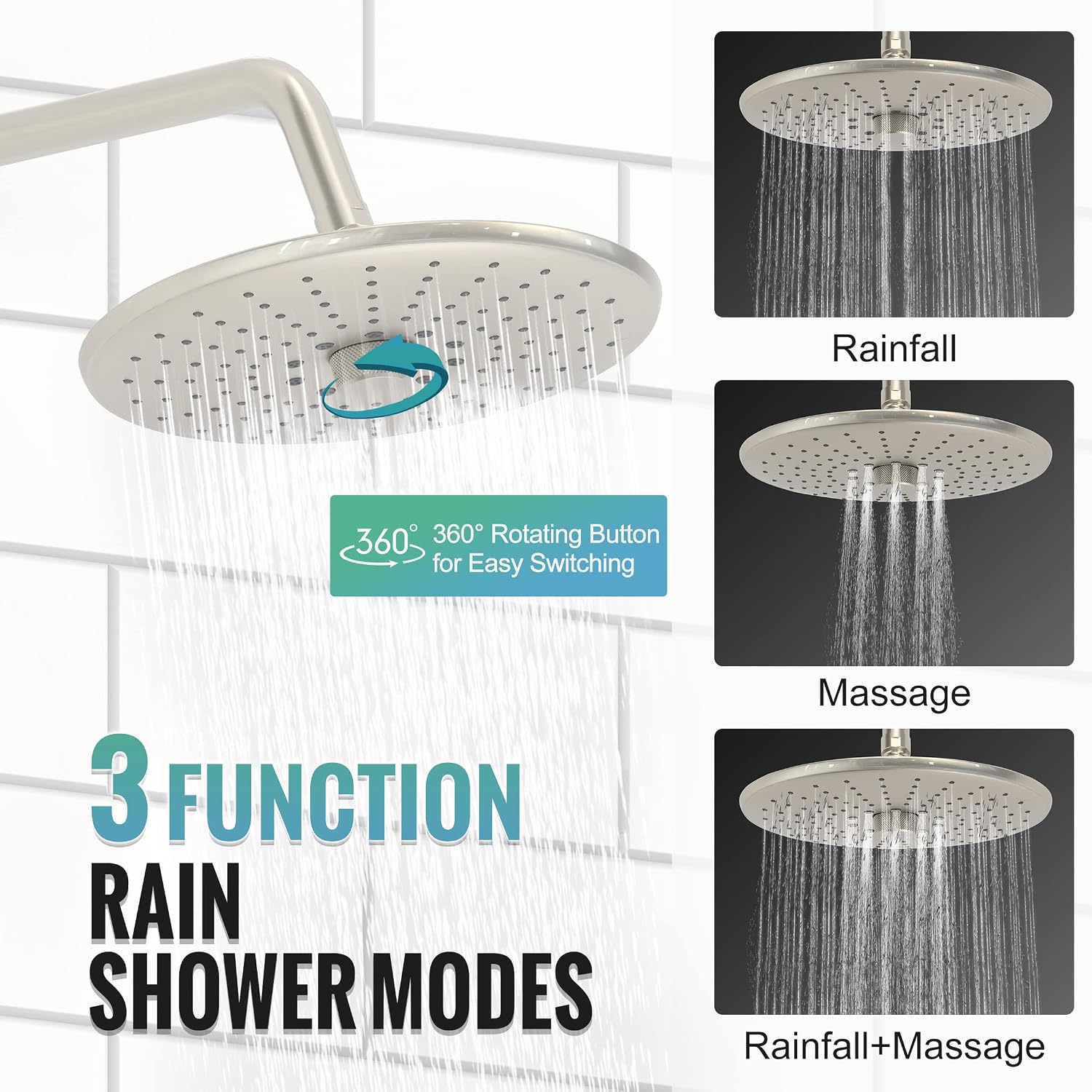 SR SUN RISE 10 Inch Rain Shower System and 3-Function Shower Faucet Set, Wall Mounted Shower System with Rough in Valve and Trims, Brushed Nickel