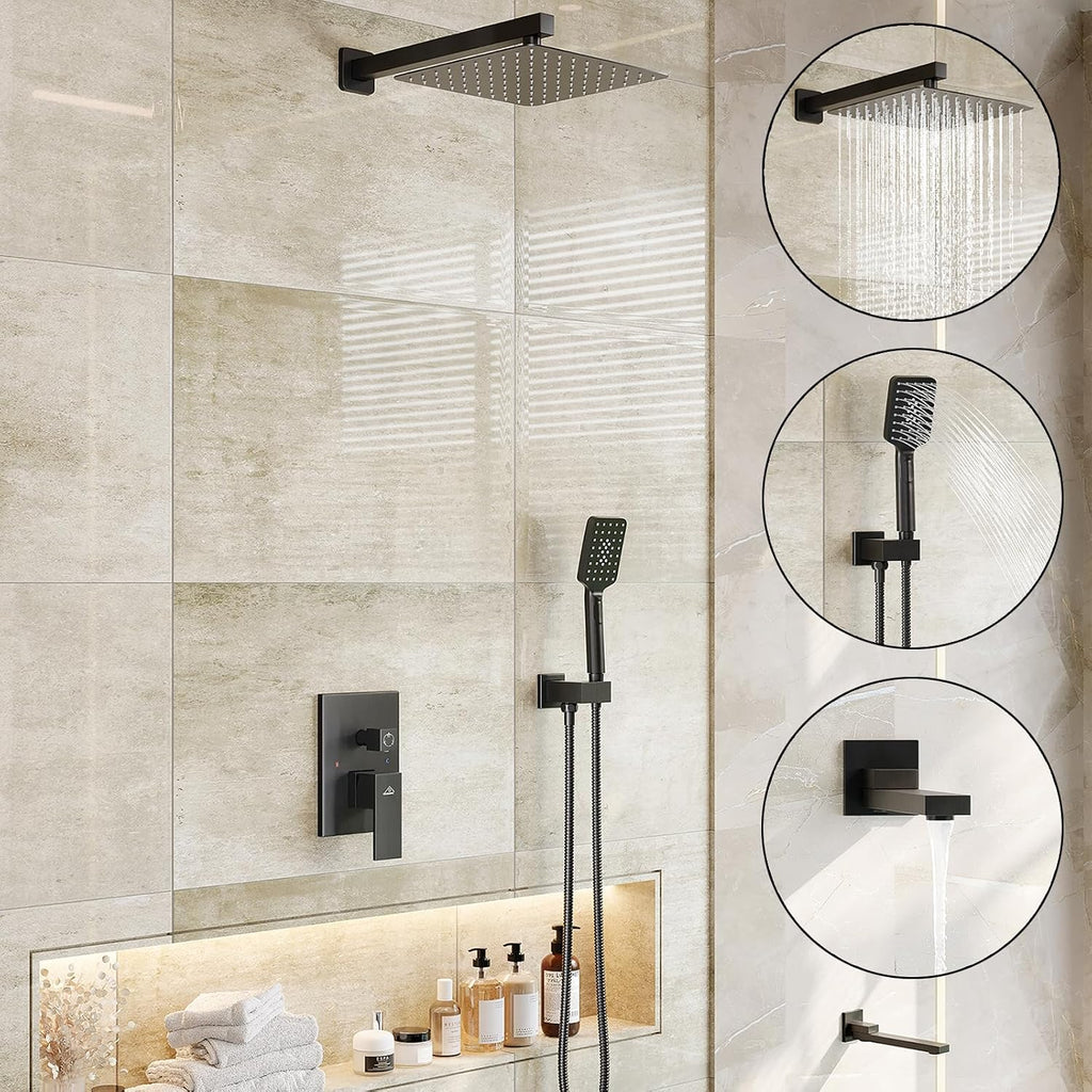CASAINC Rain Shower Head with Handheld Spray, Tub Shower Faucets Set with Pre-embedded Valve Square Waterfall Shower Head System (12 Inch Wall Mounted, Matte Black)