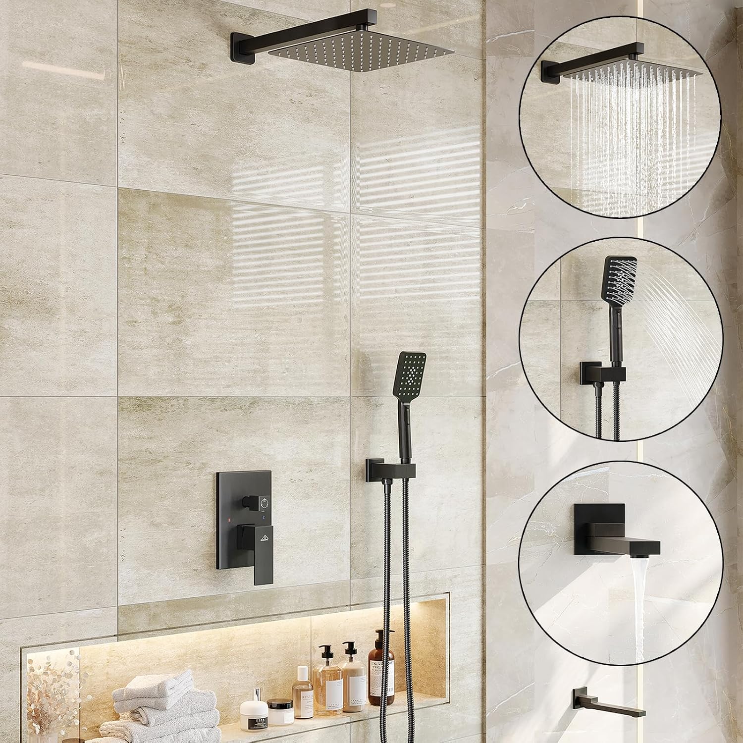 CASAINC Rain Shower Head with Handheld Spray, Tub Shower Faucets Set with Pre-embedded Valve Square Waterfall Shower Head System (12 Inch Wall Mounted, Matte Black)