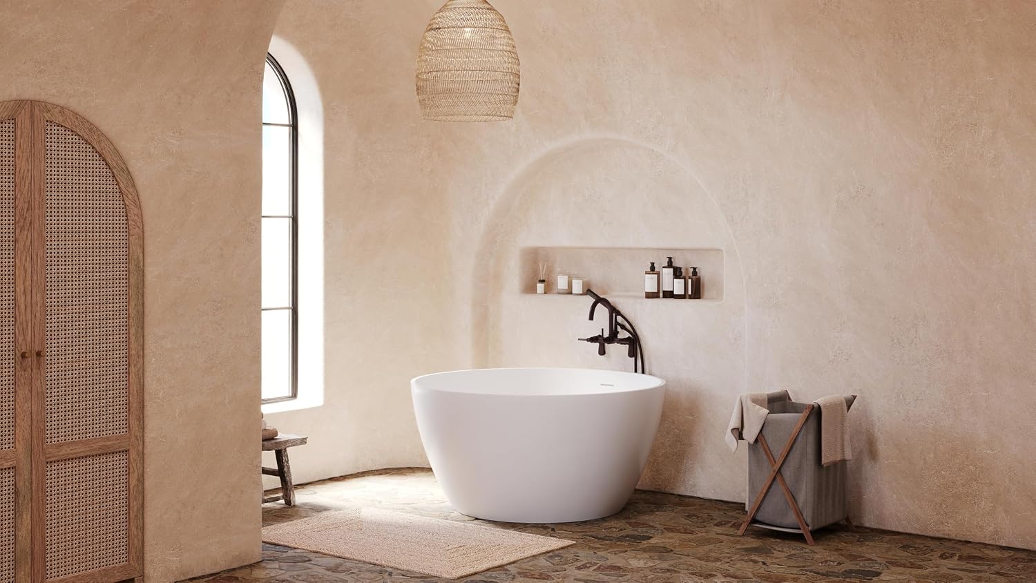 Kingston Brass KRTRO4545155DL 45' Solid Surface Round Double Ended Freestanding Tub with Faucet Combo and Drain, Oil Rubbed Bronze