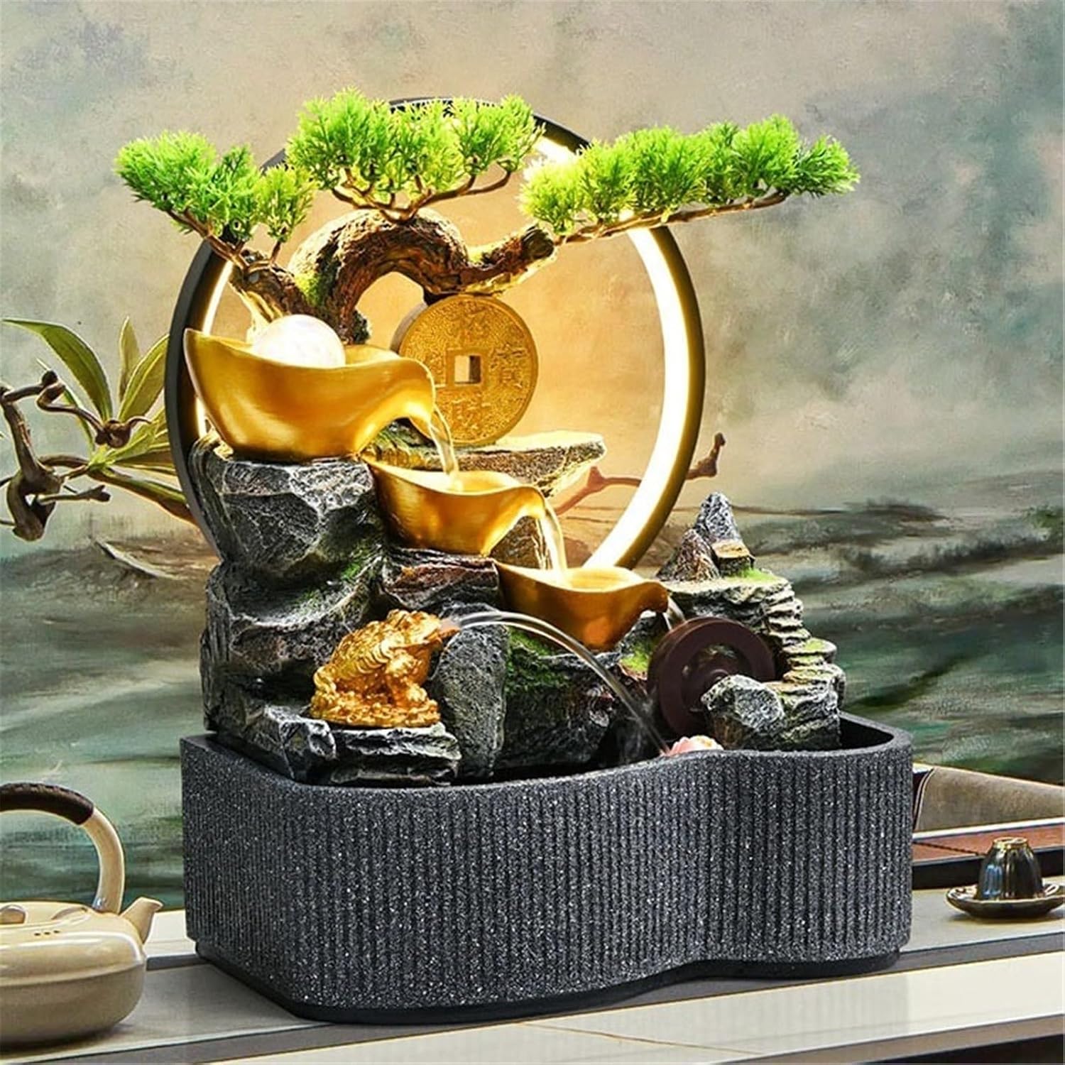 Tabletop Fountain Rockery and Flowing Water Ornament Polyresin Decoration Waterfall Decor for Office Relaxation