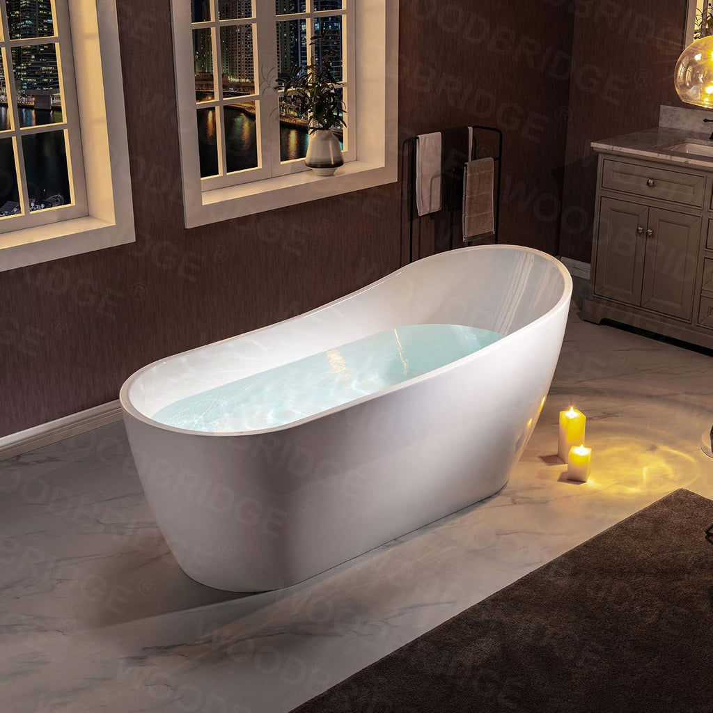 WOODBRIDGE 67' Freestanding Acylic Soaking Bathtub with White, Drain and Overflow inORB,BTA1508-ORB-Drain &O+ Pillow, Oil Rubbed Bronze