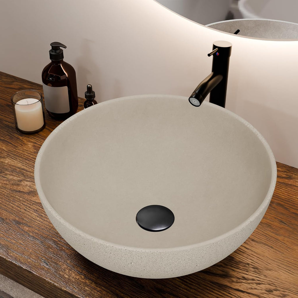 YIMAI Handcrafted Concrete Vessel Sink with Faucet & Drain – Eco-Inspired Coffee Grounds Countertop Basin, 15.7'x5.5', Artisan Brown Cement Bathroom Vanity Bowl for Modern & Luxury Spaces