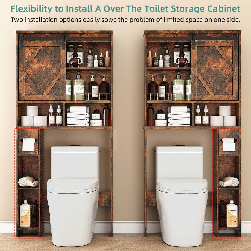 Over the Toilet Storage Cabinet with Farmhouse Sliding Barn Door, Above Toilet Organizer with Toilet Paper Holder Stand, Behind Toilet Shelf, Space Saver for Restroom, Bathroom, Laundry, Brown