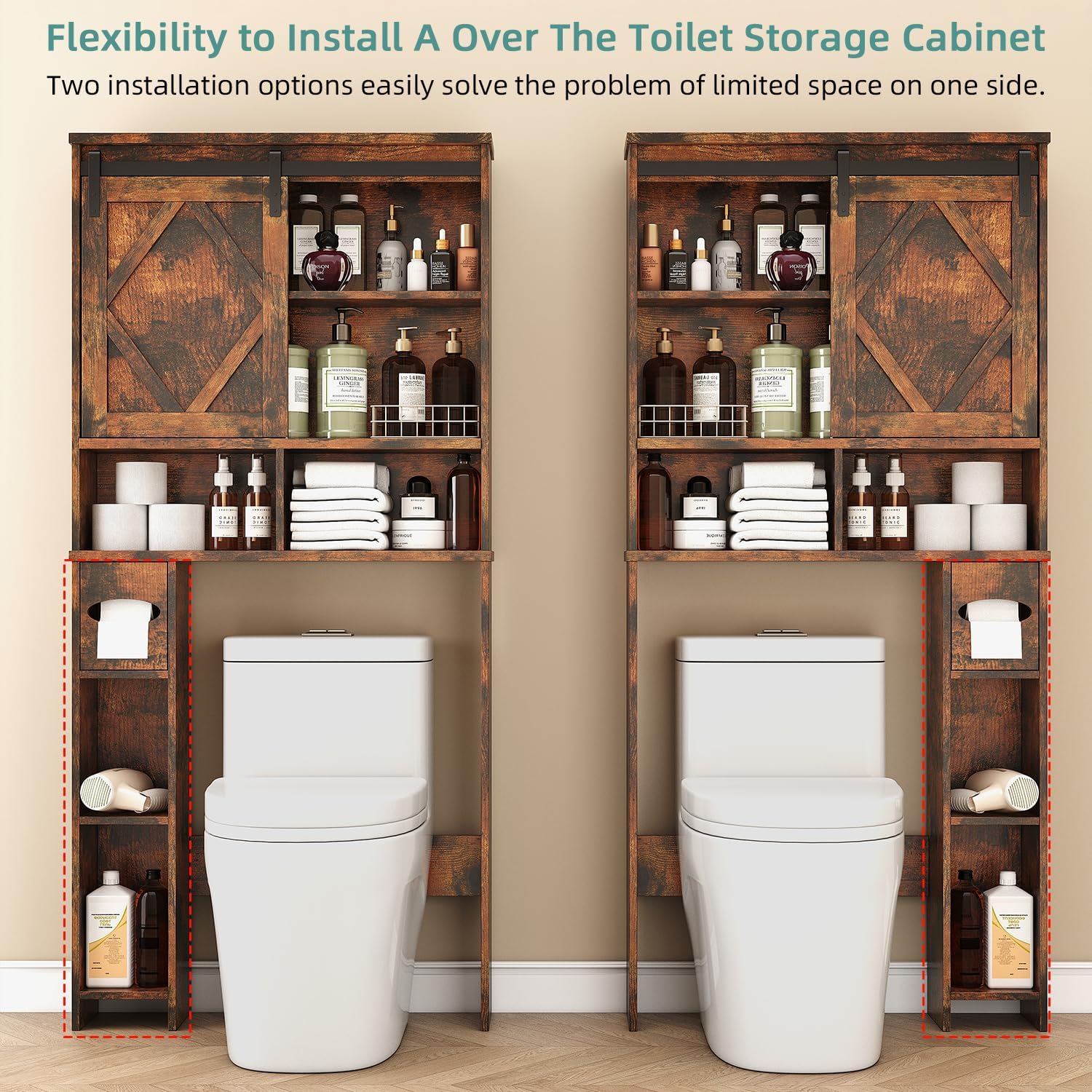 Over the Toilet Storage Cabinet with Farmhouse Sliding Barn Door, Above Toilet Organizer with Toilet Paper Holder Stand, Behind Toilet Shelf, Space Saver for Restroom, Bathroom, Laundry, Brown