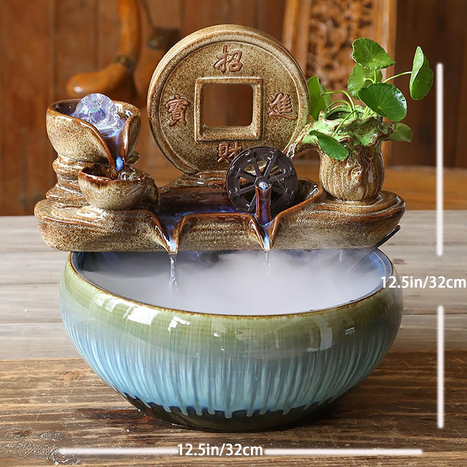 Tabletop Water Fountain, Feng Shui Mist Waterfall with Fish Tank, Ceramic Zen Bonsai Decor, Relaxing Desktop for Office Living Room(A)