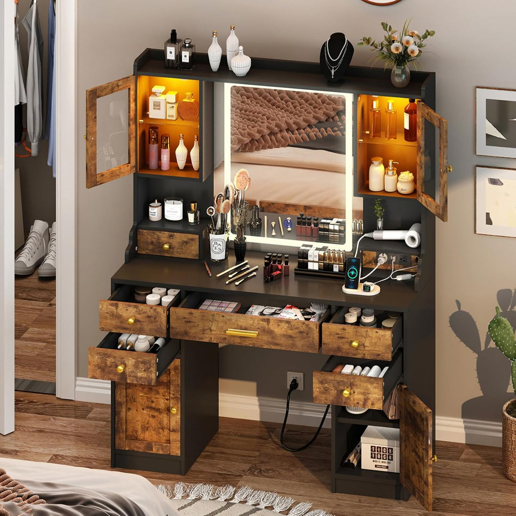 Vanity Desk with Mirror and Power Outlet, 41.3'' Large Make up Vanity Table with 6 Storage Drawers & RGB Cabinets, Dressing Table with 3 LED Lighting Modes Adjustable, for Girls, Women, Rustic Brown