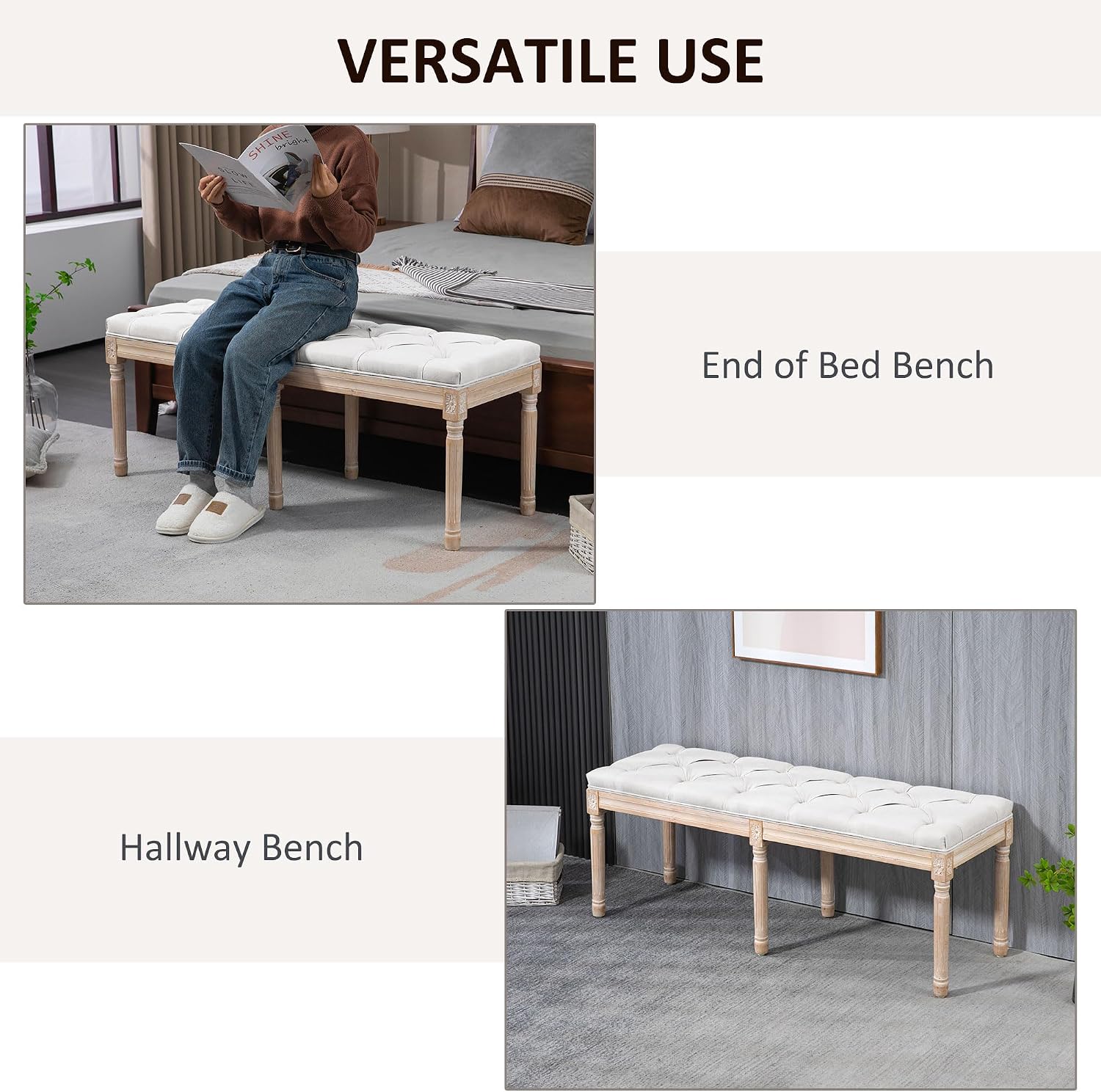HOMCOM Bedroom End of Bed Bench, 46' Upholstered Entryway Bench with Button Tufted, Thick Padding and Wood Legs, French Vintage Style Linen-Feel Ottoman Bench for Hallway, Living Room, Cream White