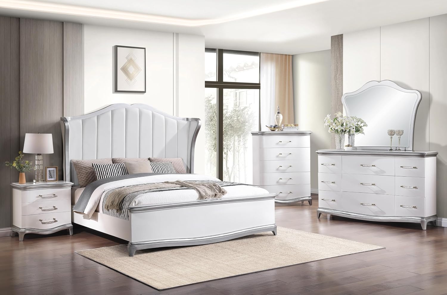 First of a Kind Nina White Silver Traditional 4 Piece Queen Bedroom Set with Upholstered Tufted Headboard Elegant European Inspired Design Coordinated Furniture Collection
