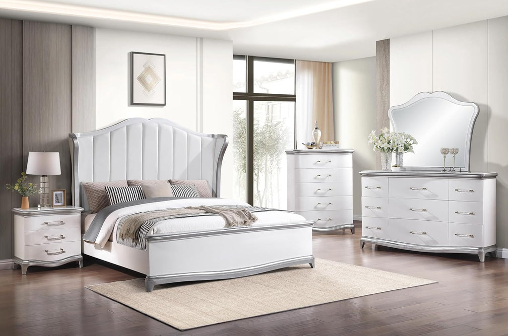 First of a Kind Nina White Silver Traditional 4 Piece King Bedroom Set with Upholstered Tufted Headboard Elegant European Inspired Design Coordinated Furniture Collection