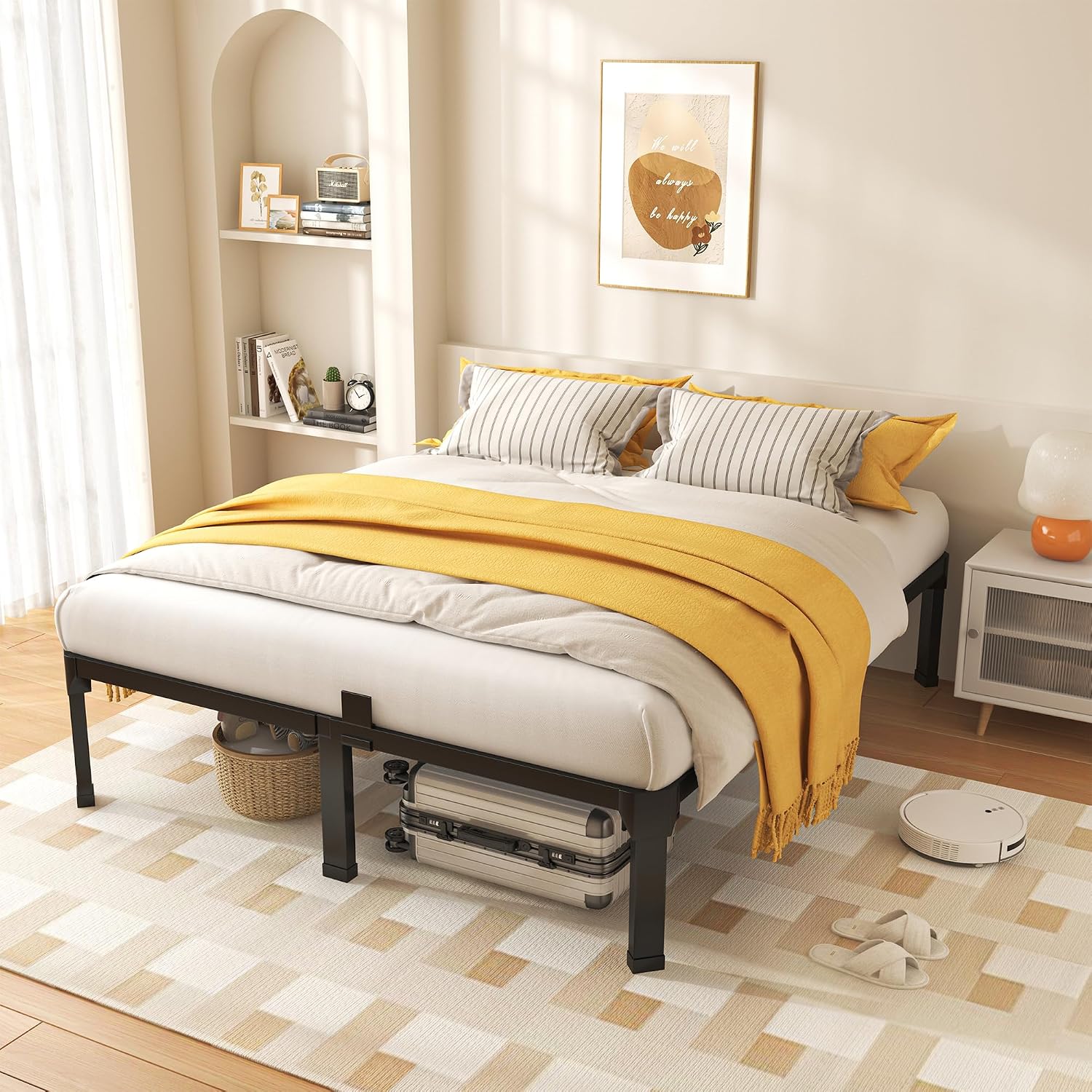 ROIL 14 Inch King Size Bed Frame with Mattress Slide Stopper - Double Black Basic Anti Squeak Steel Slats Metal Platform, Heavy Duty Noise Free Easy Assembly Bedframes, No Box Spring Needed