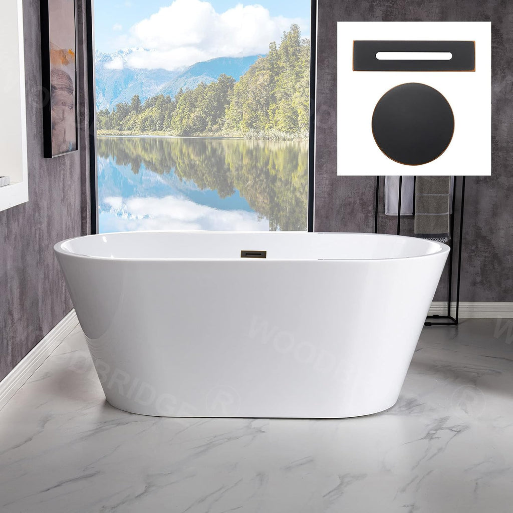 WOODBRIDGE 54' Acrylic Freestanding Bathtub Contemporary Soaking White Tub with Oil-Rubbed Bronze Overflow and Drain,B1702-ORB