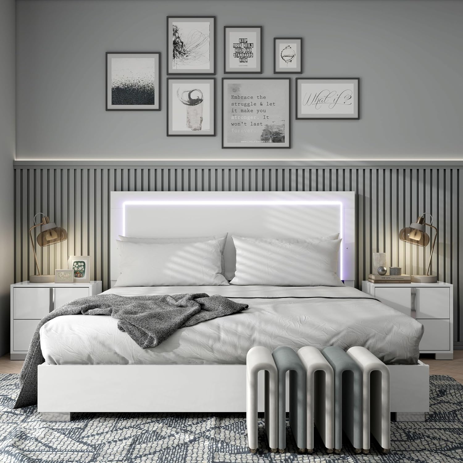 Furniture of America Alistair Modern Wood 5-Piece Bedroom Collection with Bed Frame, 2-Drawer Nightstands and 6-Drawer Dresser with Mirror, Box Spring Required,White, Queen