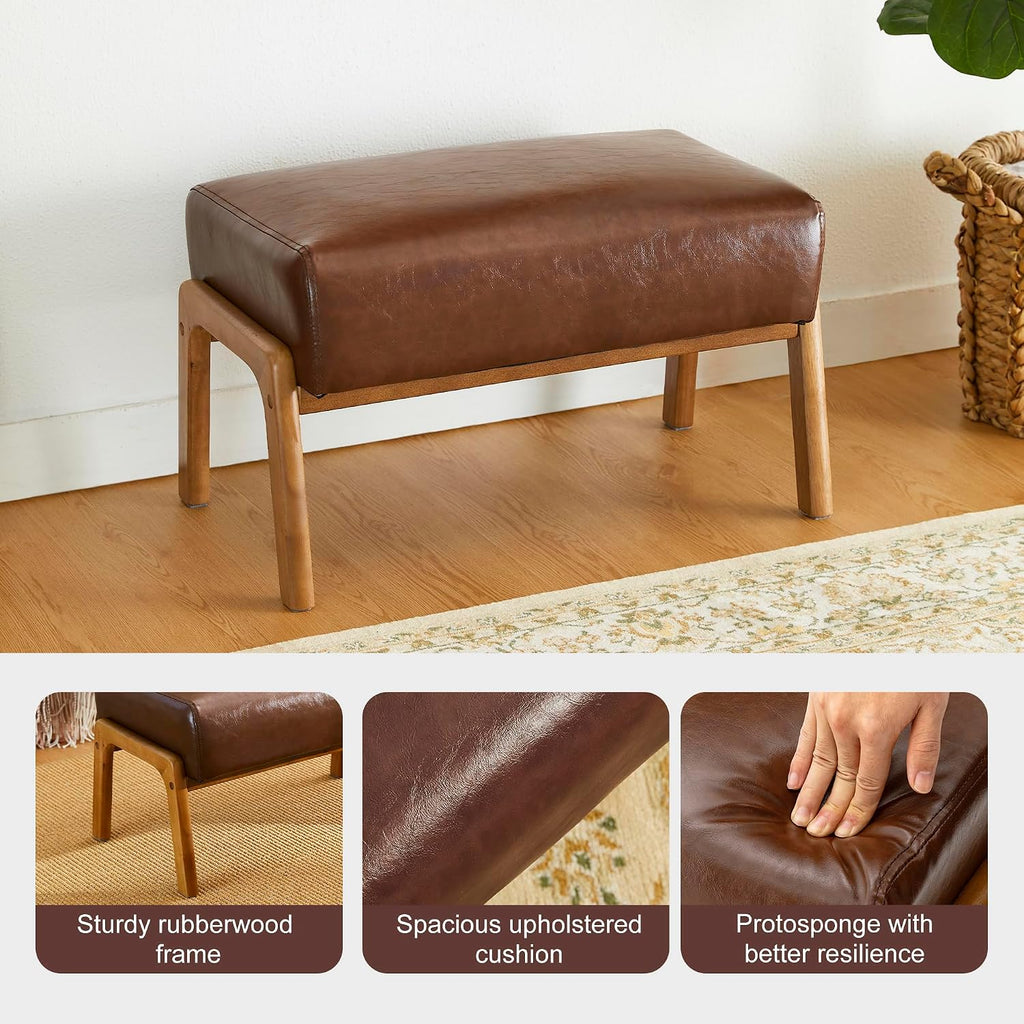 Glitzhome Rectangle Ottoman Bench Set of 2, Modern Coffee Leatherette Footstool with Walnut Rubberwood Legs for Living Room, Bedroom