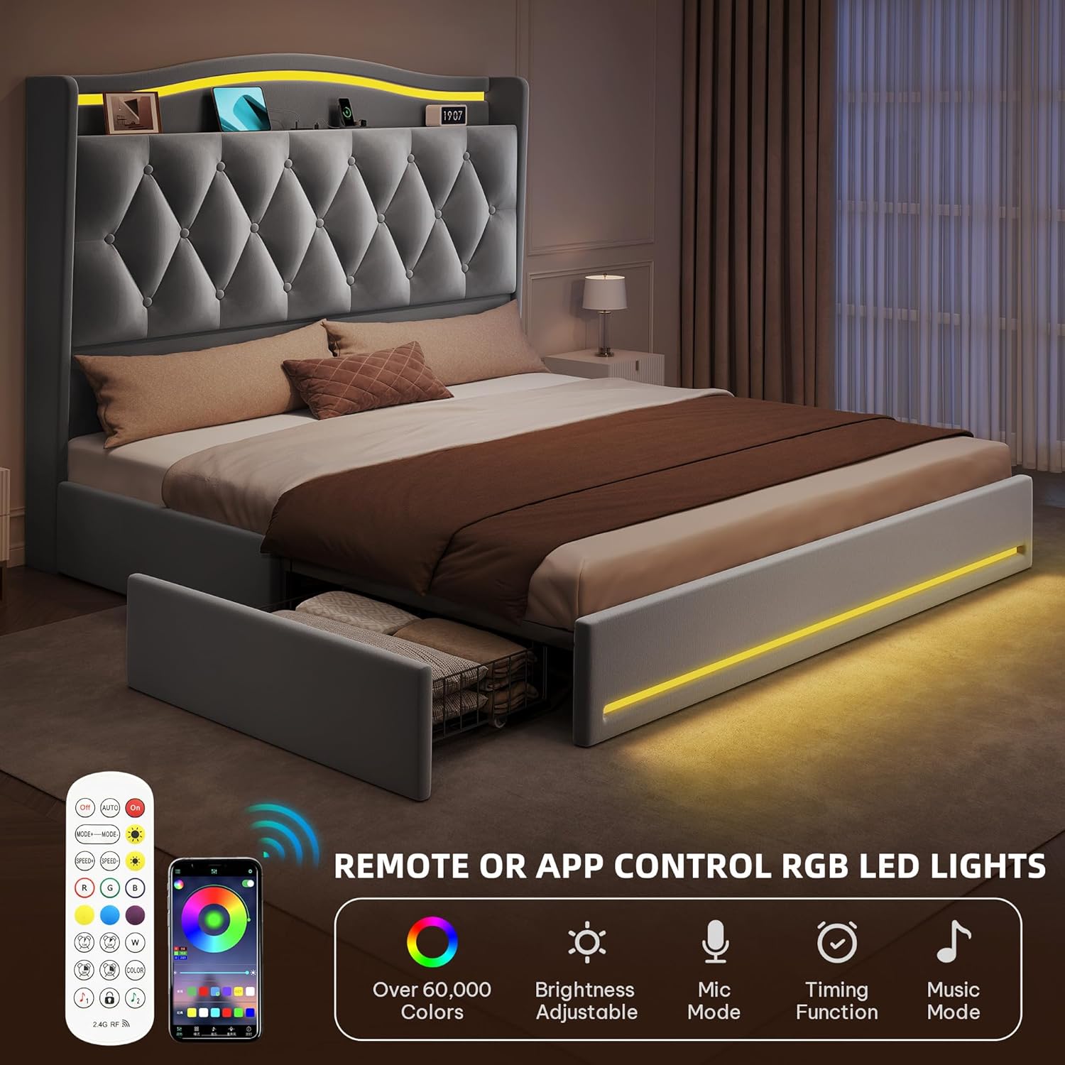 DWVO Queen Size Bed Frame with 4 Storage Drawers and RGB LED Lights, 57'' Tall Headboard Velvet Upholstered Bed with Charging Station, No Box Spring Needed, Easy Assembly, Noise-Free, Grey