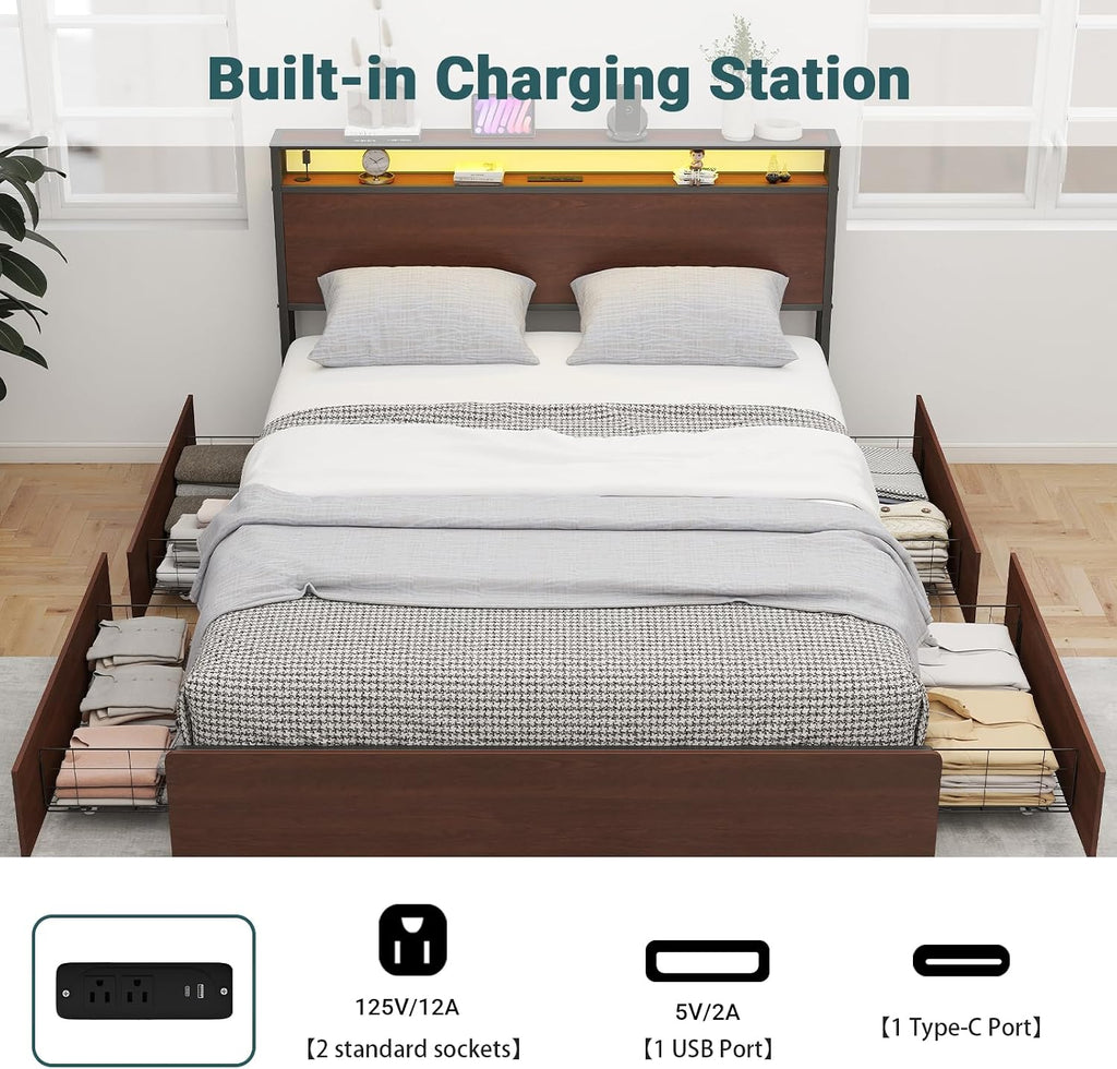 Zevemomo Full Bed Frame with 4 Storage Drawers, Full Size Platform Bed Frame with Headboard, Built-in Charging Station & LED Lights, No Box Spring Needed