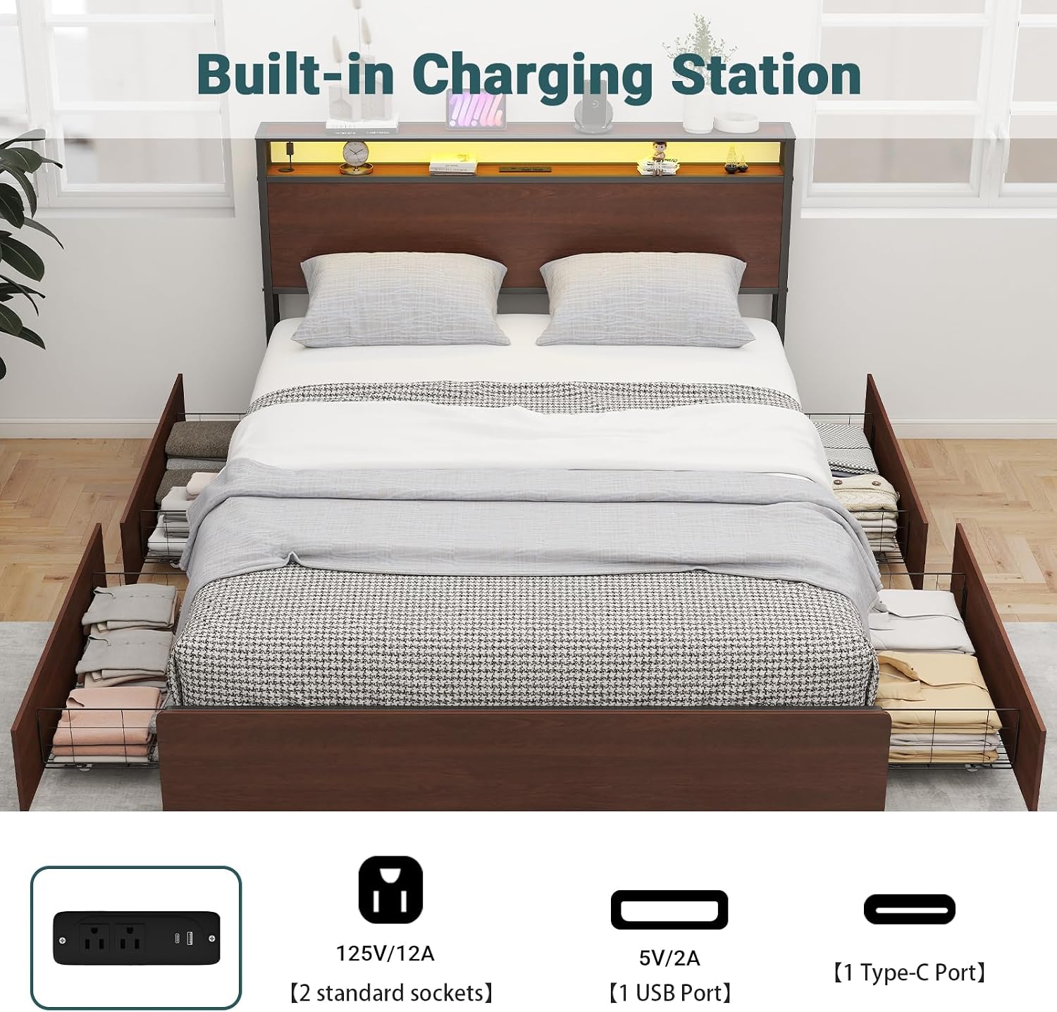 Zevemomo Full Bed Frame with 4 Storage Drawers, Full Size Platform Bed Frame with Headboard, Built-in Charging Station & LED Lights, No Box Spring Needed