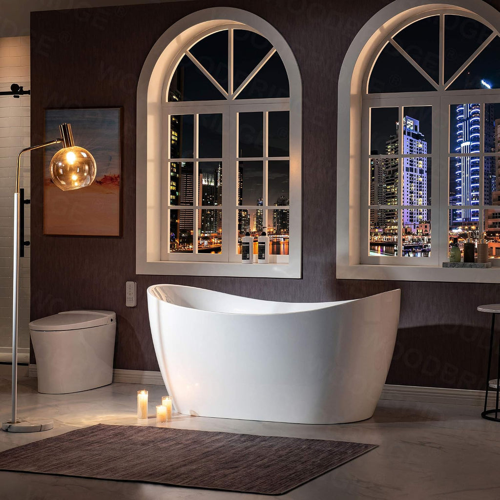WOODBRIDGE 59'Freestanding White Acylic Soaking Bathtub with Drain Kit and Floor Mount Tub Filler in ORB,BTA1516 -ORB-Drain &O+F0010ORBSQ