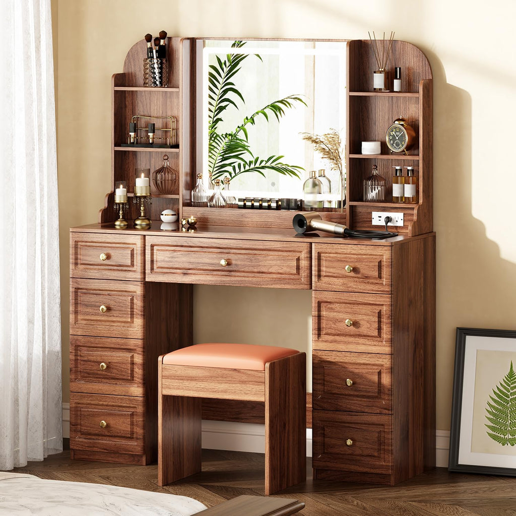 Arulvmrn 43' Makeup Vanity Desk with Mirror and Lights, & Power Outl, Glass Top Big Vanity Table with 9 Drawers& 8 Storage Shelves, Dressing Table Set with Chair for Bedroom, Brown