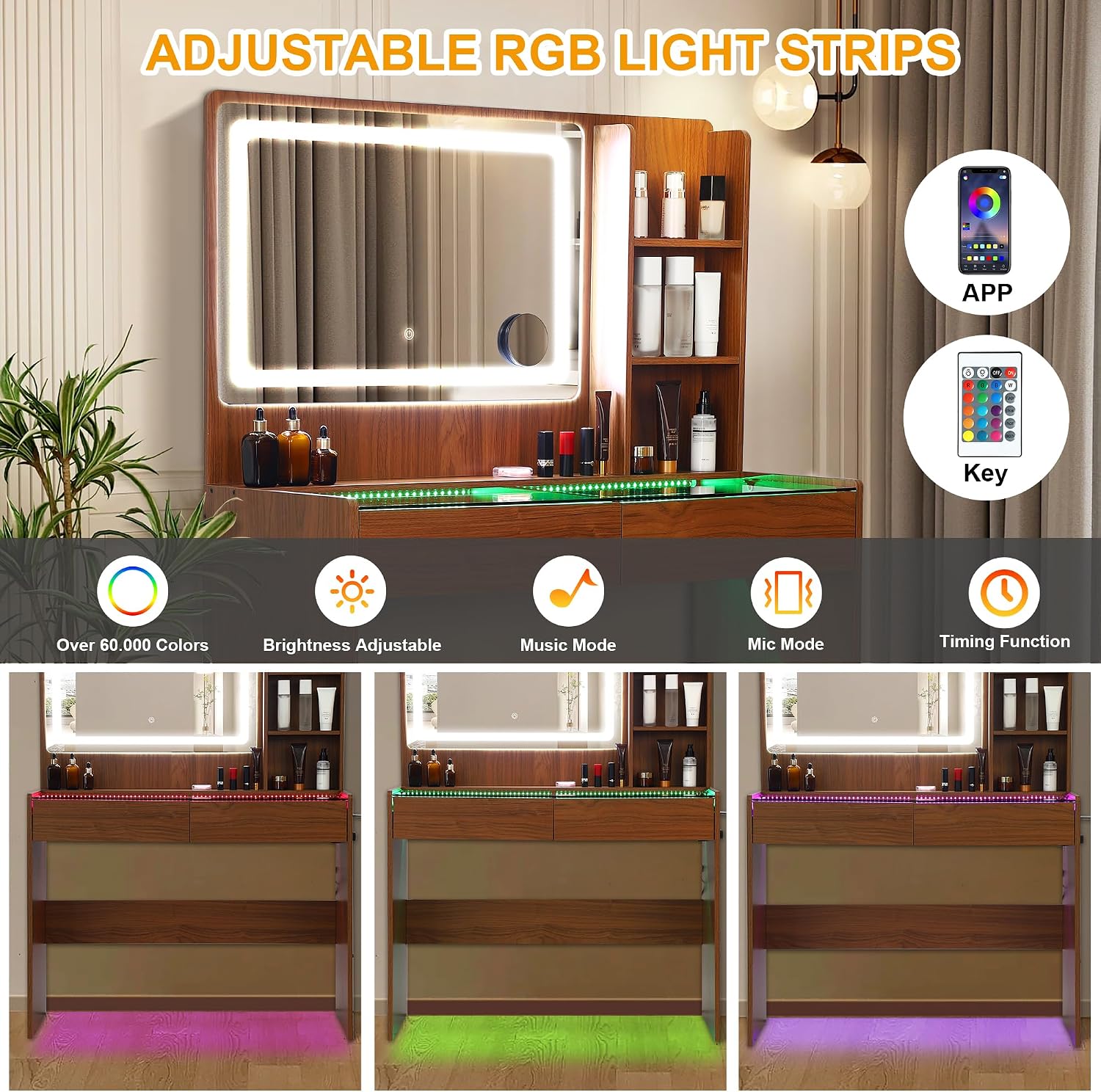 Vanity Desk, Makeup Vanity Desk with Mirror and Lights, Transparent Top with LED Multiple Color Lights, Mirror 3 Color Modes 2 Drawers, Power Outlet, Dressing Table for Girls Bedroom, Peach