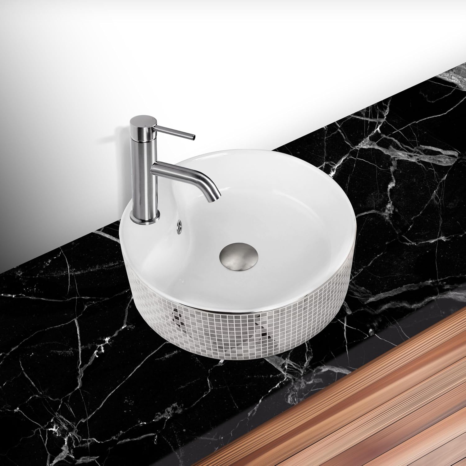 Strictly Sinks 18 Inch Round Silver Vessel Sink - Modern Ceramic Countertop Bathroom Sink with Faucet Mount and Overflow – Easy to Install Above Counter Luxurious Bathroom Vessel Sink