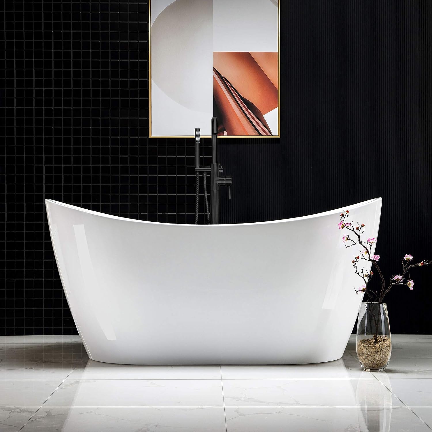 WOODBRIDGE 59' Acrylic Freestanding Bathtub Contemporary Soaking White Tub with Oil Rubbed Bronze Overflow and Drain，B0016 -ORB-Drain &O