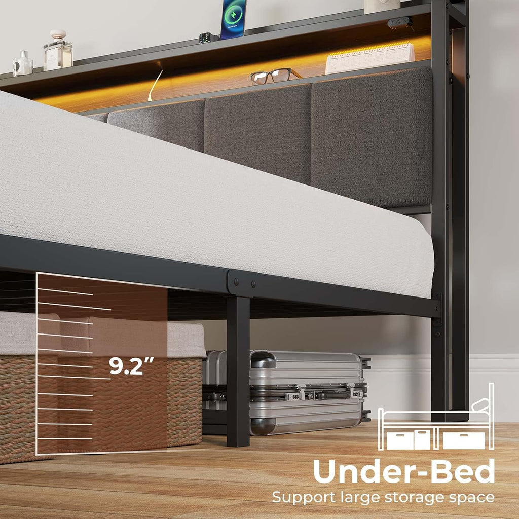 Rolanstar Bed Frame Queen Size with Charging Station and LED Lights, Upholstered Headboard with Storage Shelves, Heavy Duty Metal Slats, No Box Spring Need, Noise Free, Easy Assembly, Dark Grey
