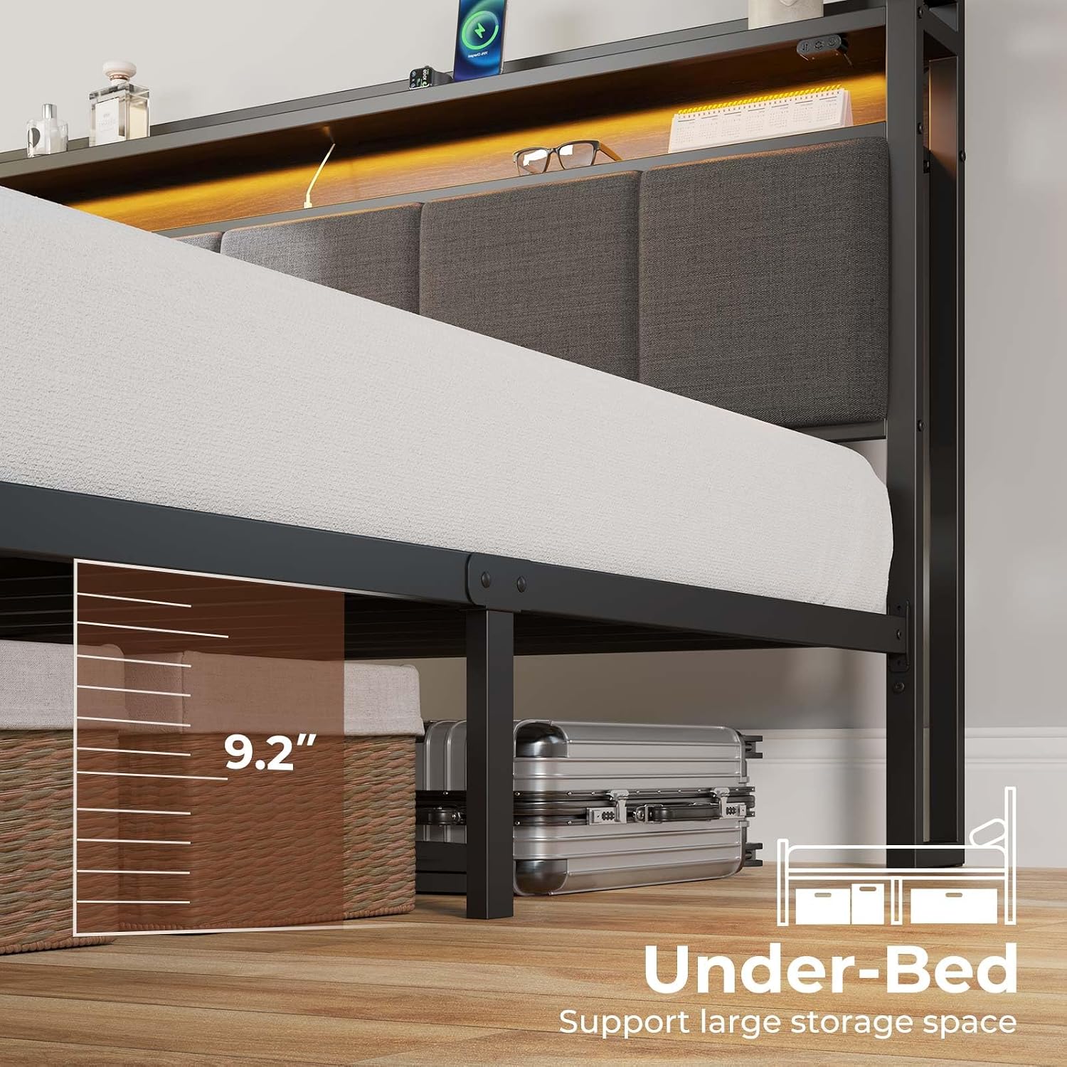Rolanstar Bed Frame Queen Size with Charging Station and LED Lights, Upholstered Headboard with Storage Shelves, Heavy Duty Metal Slats, No Box Spring Need, Noise Free, Easy Assembly, Dark Grey