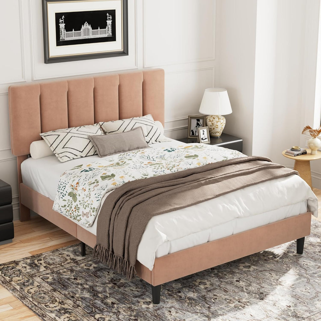VECELO Queen Size Bed Frame with Upholstered Headboard, Heavy-Duty Bedframe with Wooden Slats & Steel Framework, Easy Assembly, Coffee