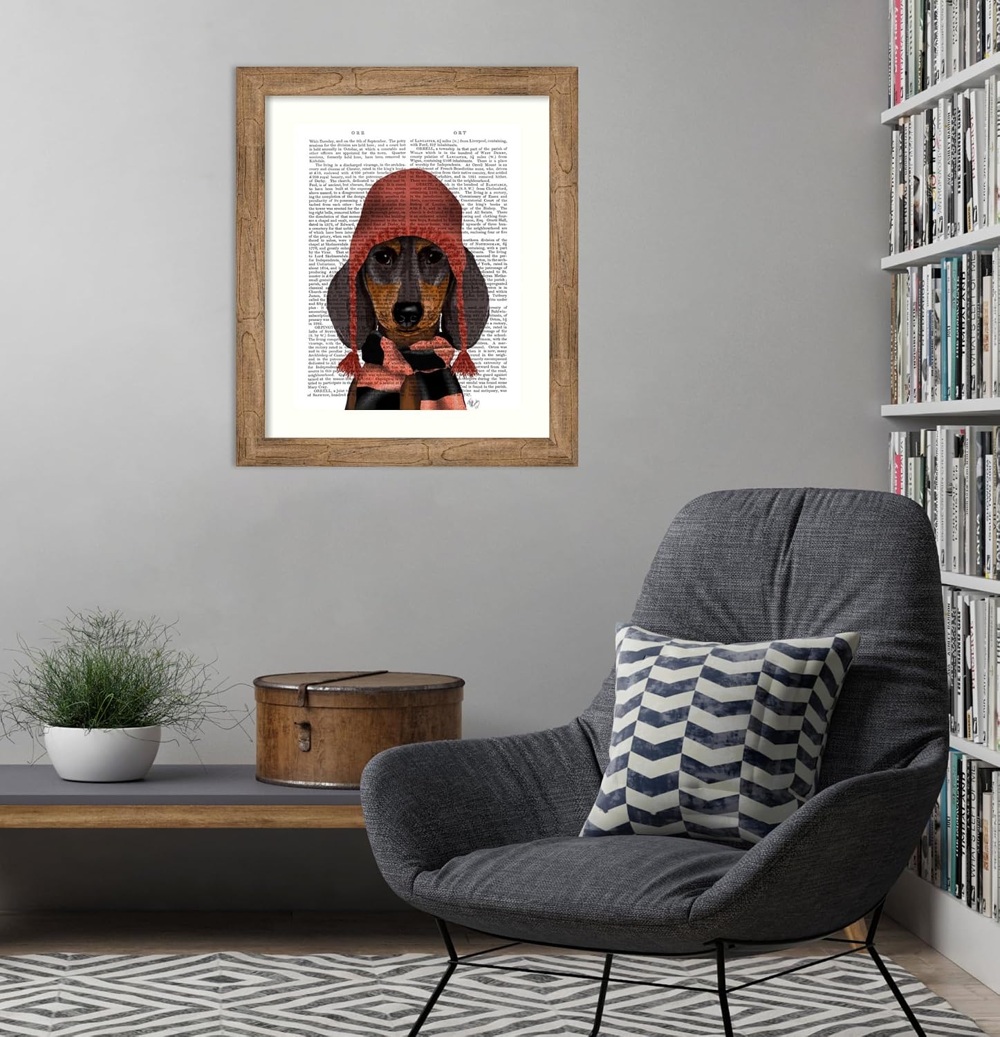 Amanti Art Framed Wall Art Print 28x24 Dachshund in Pink Hat and Scarf by Fab Funky, Animals Wall Art, Vintage Decor, Medium Poster Painting Artwork for Living Room, Bedroom, Bathroom, Kitchen,