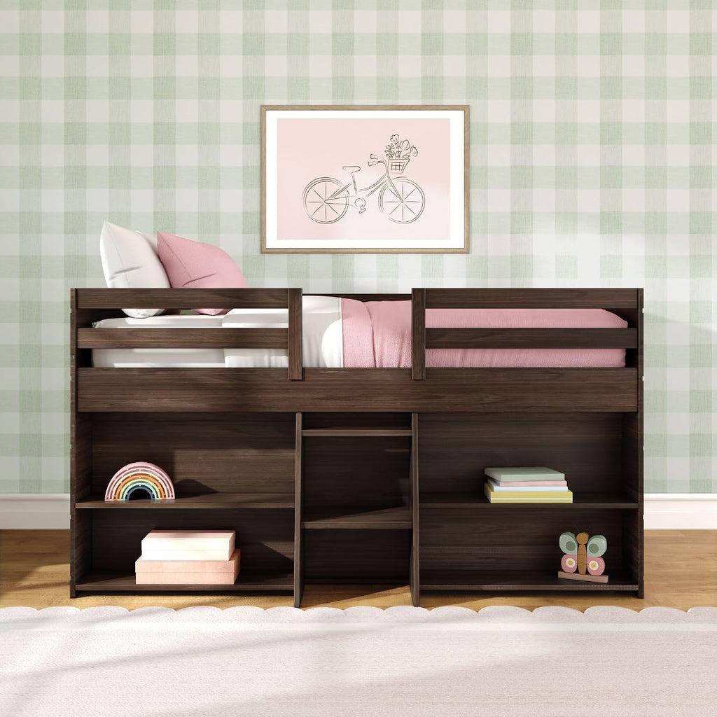 Max & Lily Modern Farmhouse Low Loft Bed, Twin Bed Frame for Kids with 2 Bookcases, Barnwood Brown