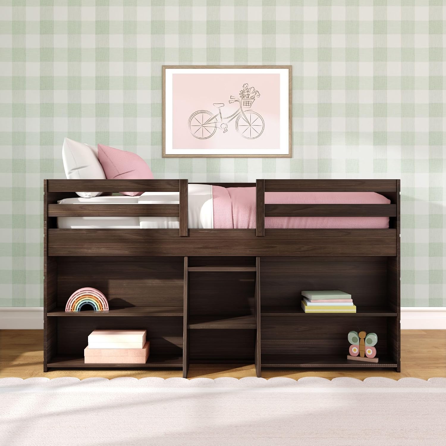 Max & Lily Modern Farmhouse Low Loft Bed, Twin Bed Frame for Kids with 2 Bookcases, Barnwood Brown