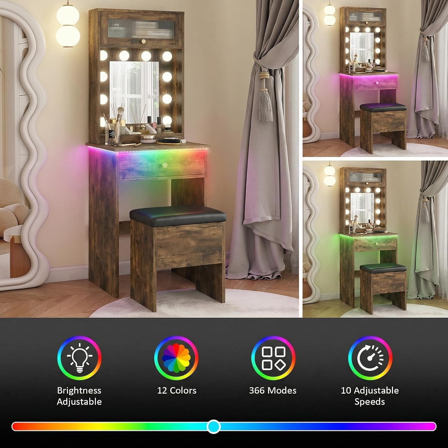 ARTETHYS Small Vanity Desk with Mirror and Lights Rustic Small Makeup Vanity with Storage Chair Mini Makeup Table Set for Bedroom Compact Dressing Table with RGB Lights for Tiny Space