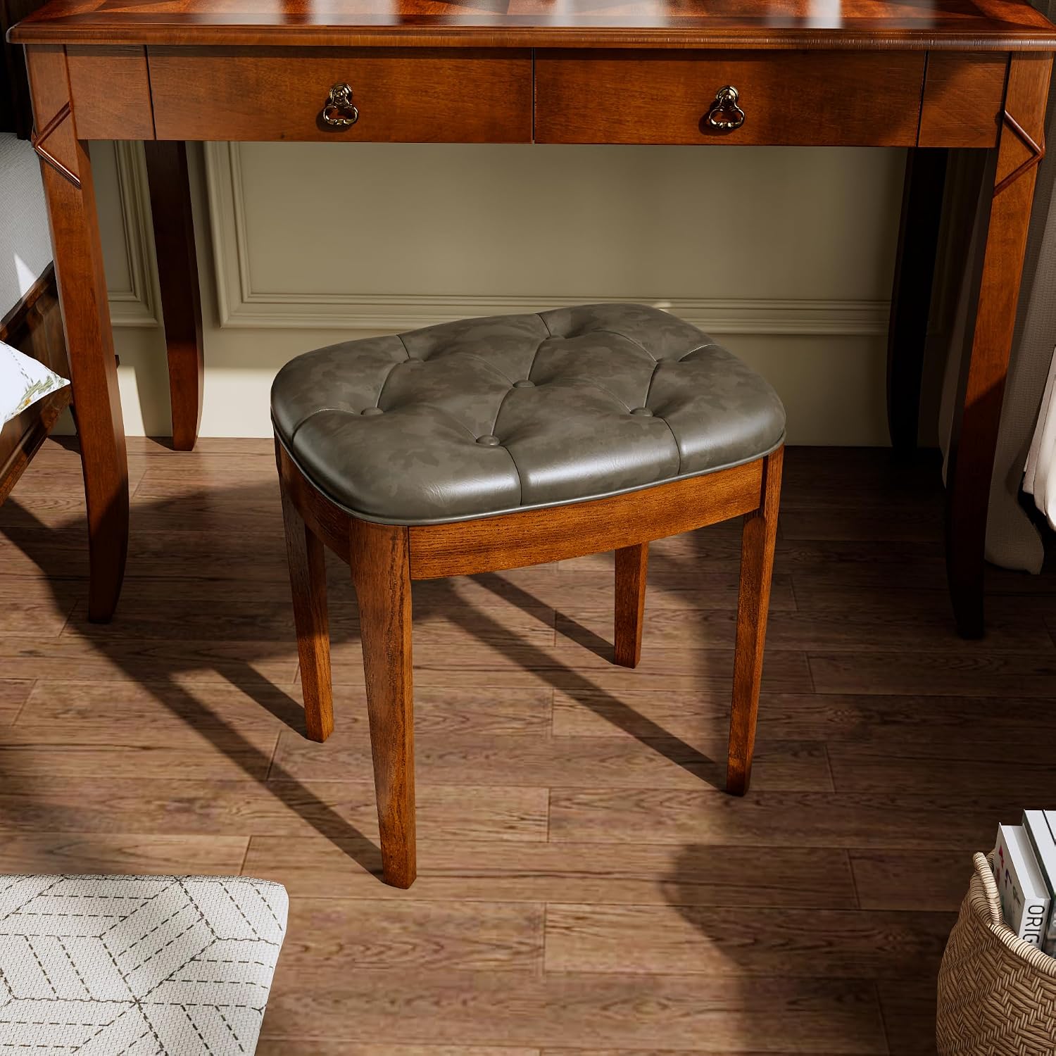 Vanity Stool with Padded Cushion, Vanity Bench with Wood Legs, Piano Bench Seat with with Solid Wood Legs, Backless Vanity Stool for Makeup Room, Bedroom, Dining Room and Study Room, Grey